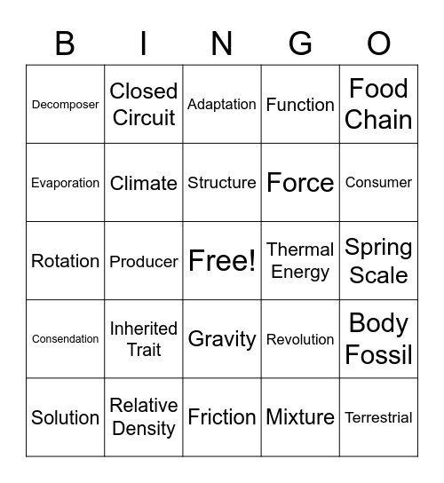 Science STAAR Vocab Bingo Card