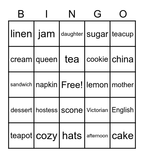 Tea Party Bingo Card