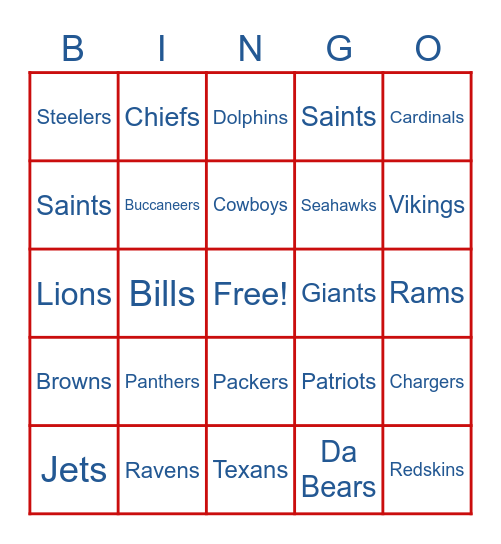 NFL Teams Bingo Card