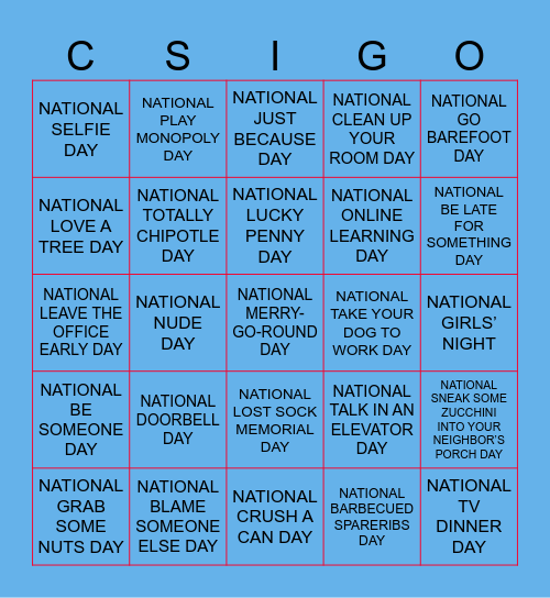 CSIGO (Virtual BINGO) National Holi-DAYS THEMED Bingo Card