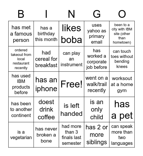 Intern Bingo Card