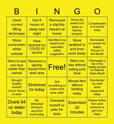 National Safety Month Bingo Game Bingo Card