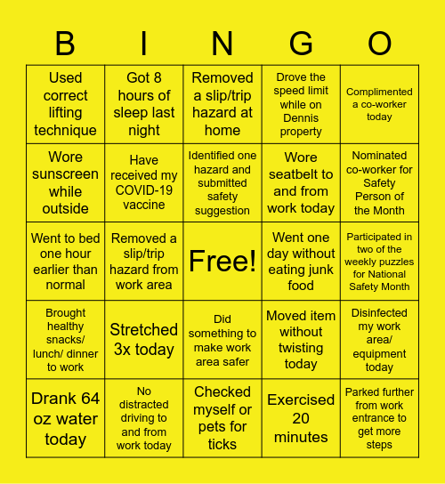 National Safety Month Bingo Game Bingo Card