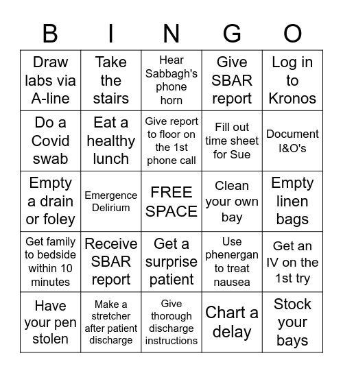 PACU Nurse's Week 2018 Bingo Card