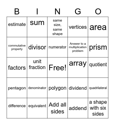 Math Vocabulary Bingo Card