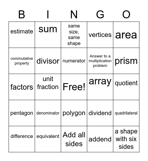 Math Vocabulary Bingo Card