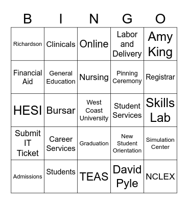 West Coast University Texas Bingo Card