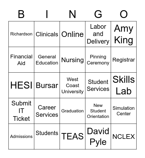 West Coast University Texas Bingo Card