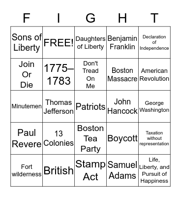 American Revolutionary War Bingo Card