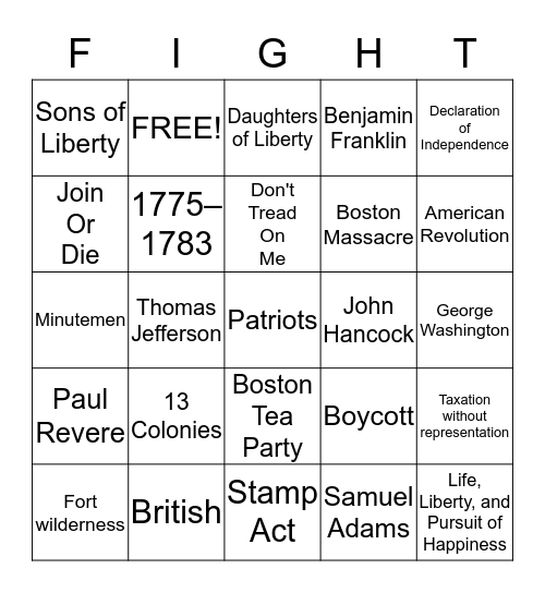 American Revolutionary War Bingo Card