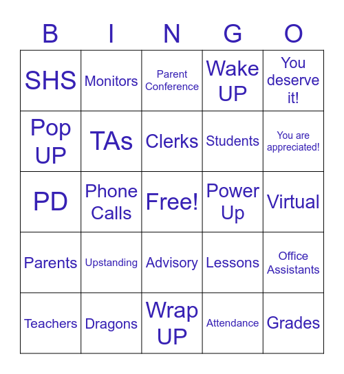 SHS Teacher Appreciation 2020-21 Bingo Card