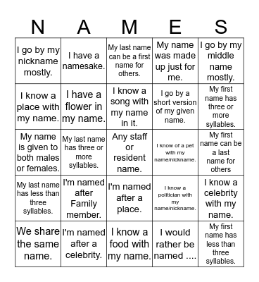 Name Game Bingo Card