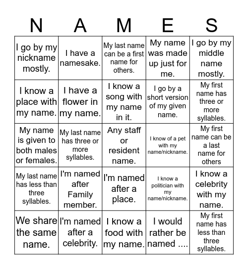 Name Game Bingo Card