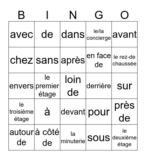 Les Prépositions Bingo Card