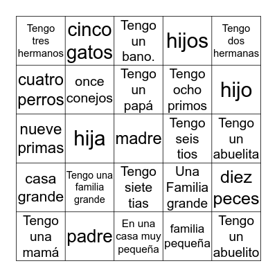 Tengo una familia grande Bingo Card