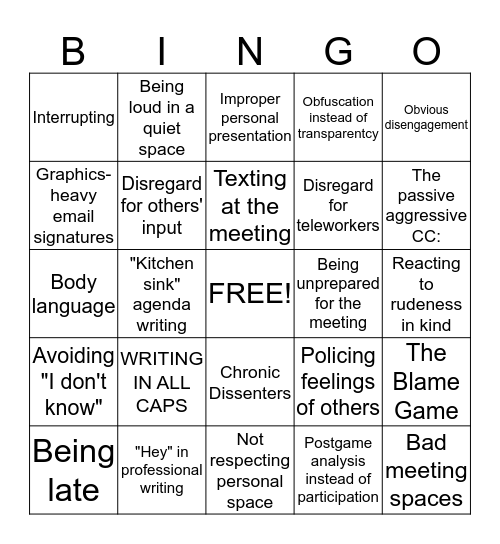 Mind Your Manners Bingo Card