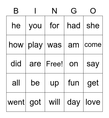 Snap Word Bingo Card