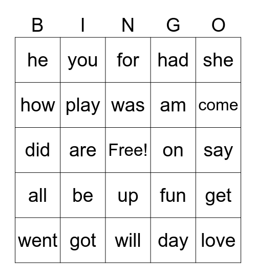 Snap Word Bingo Card