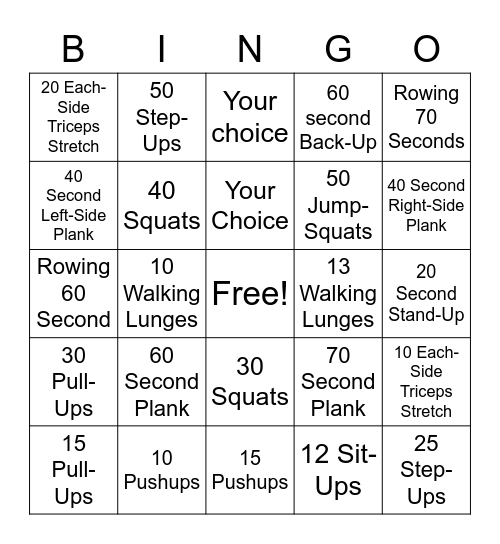 Muscular Endurance Workout Bingo Card