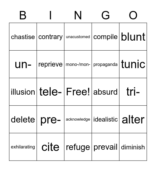 Vocabulary Bingo! Bingo Card