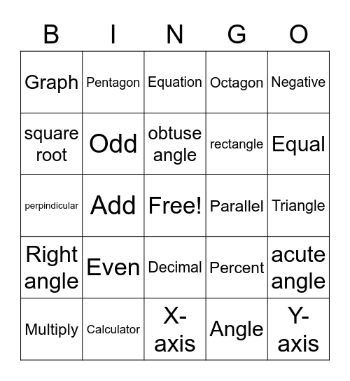 Math Vocabulary Bingo Card