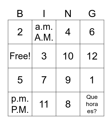 Time - La hora Bingo Card