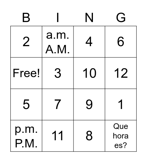 Time - La hora Bingo Card