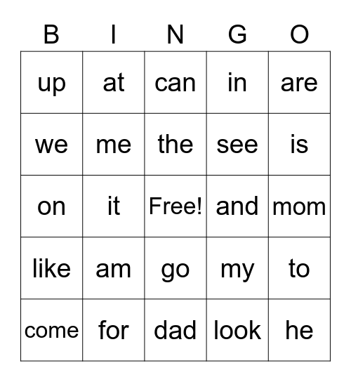 Sight words A and B Bingo Card