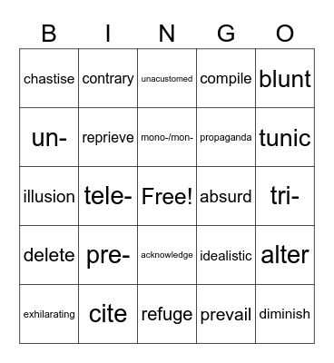 Vocabulary Bingo! Bingo Card