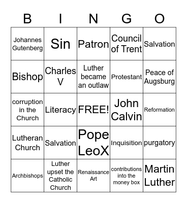 World History & Reformation Bingo Card