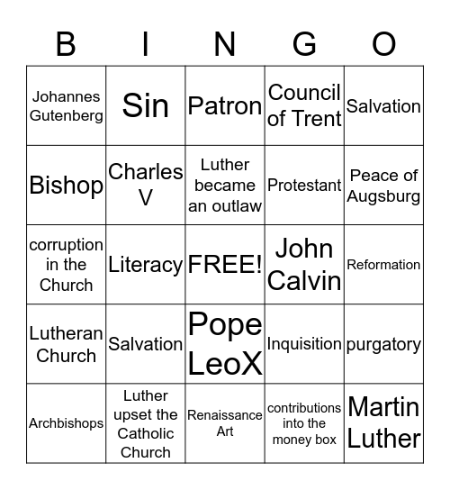 World History & Reformation Bingo Card