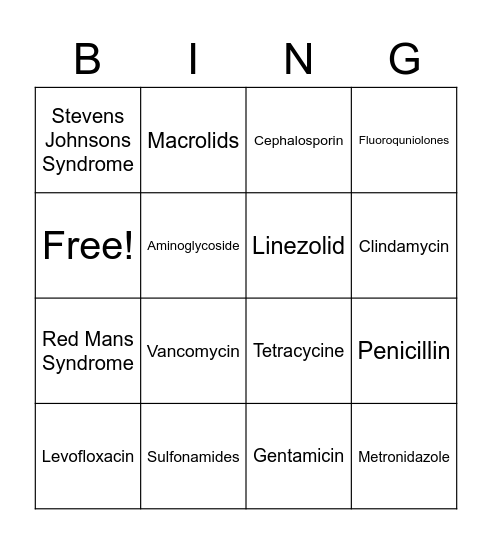 Antibiotic Bingo Card