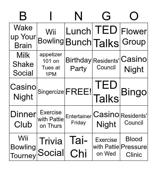 Activity Bingo Card