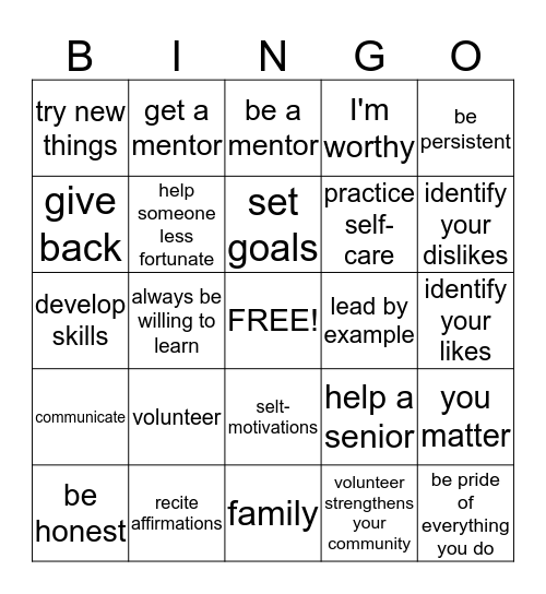 Make a Difference & Build Self Esteem by Giving Back Bingo Card