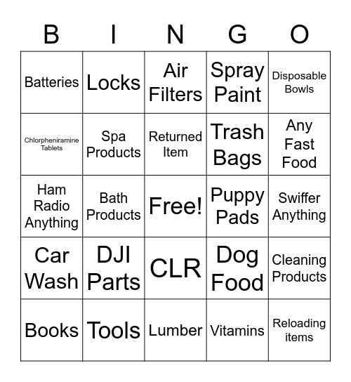 Bob's Purchases Bingo Card