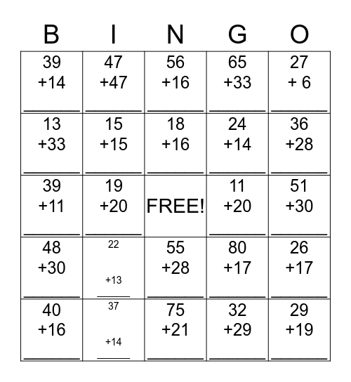 2 Digit Addition Bingo Card