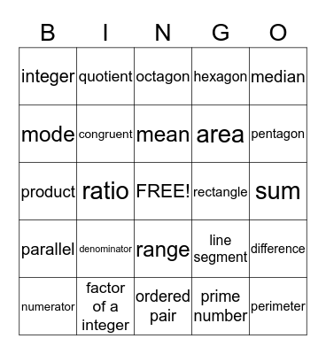 Math Terms Bingo Card