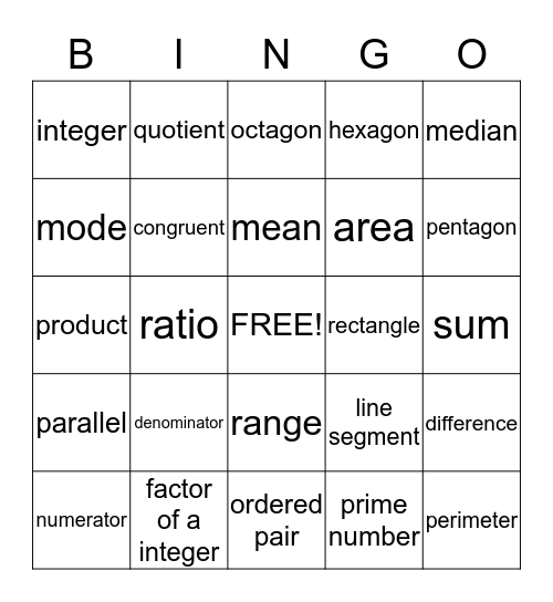 Math Terms Bingo Card