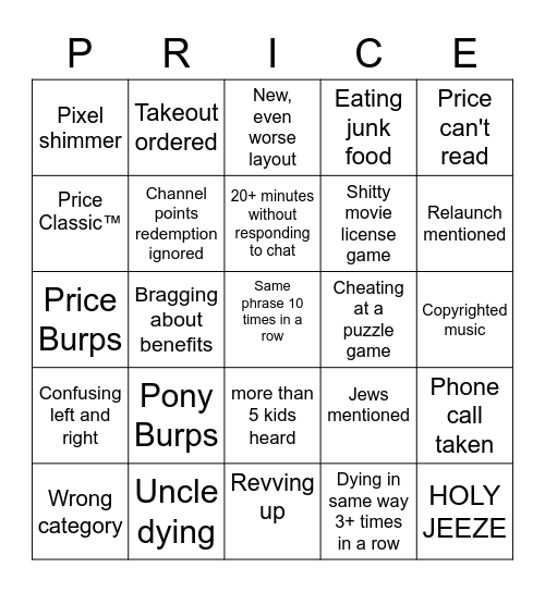MTLPrice Bingo Card
