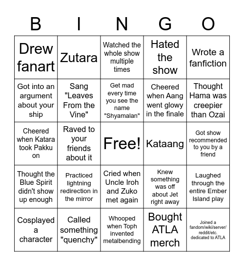 ATLA fans Bingo Card