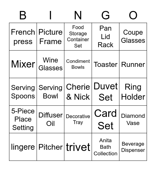 Cherie's Briday Shower Bingo Card