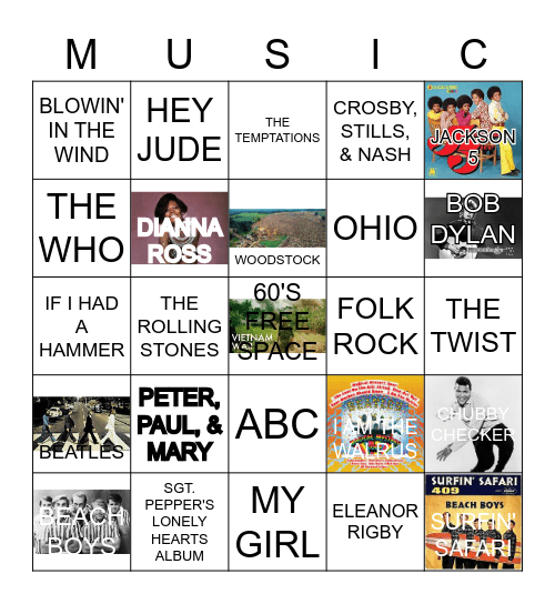 1960's Music Bingo Card