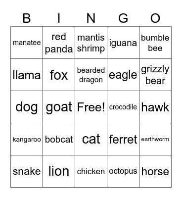 Animal Bingo Card