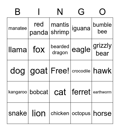 Animal Bingo Card