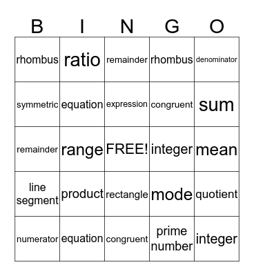 Math Terms Bingo Card