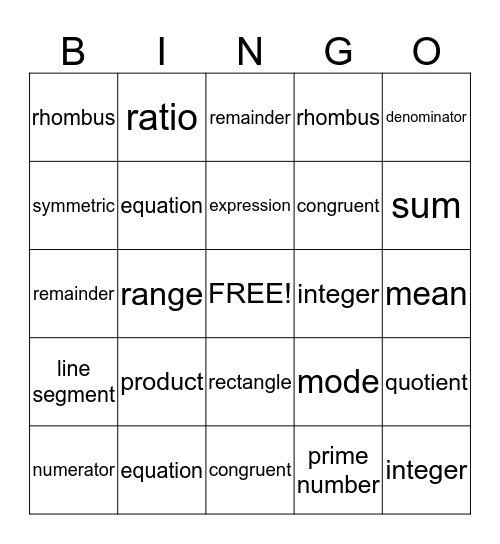 Math Terms Bingo Card
