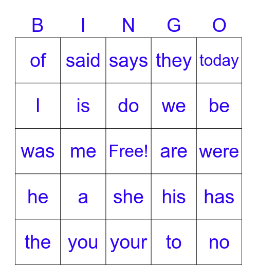 Year One Common Exception Words Bingo Card