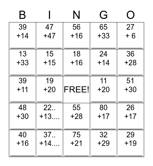 2 Digit Addition Bingo Card