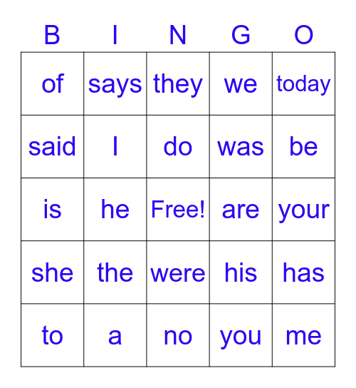 Year One Common Exception Words 1 Bingo Card