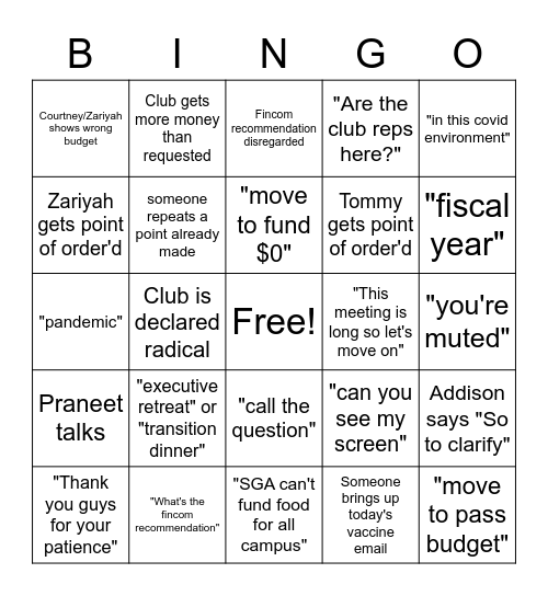 Senate Spring Budgeting Bingo! Bingo Card